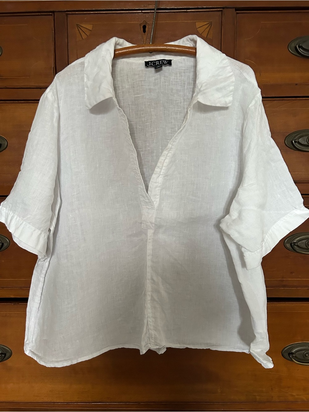 J. Crew White Linen Open Collar Short Sleeve Blouse